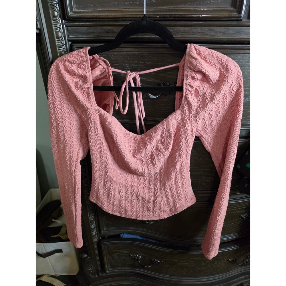 Freeâ People Pink Textured Puff Sleeve Tie Back Crop Top XS OB1434914